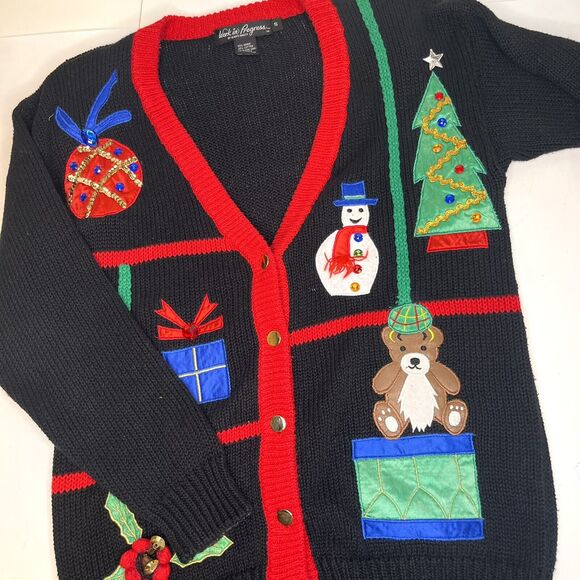 Work in Progress Gladys Bagley Vintage Christmas Ugly Sweater Cardigan sz small - Picture 1 of 7